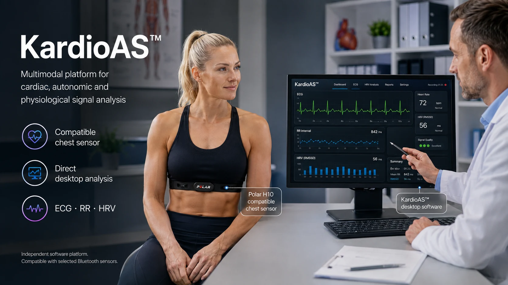 Athlete wearing a compatible chest sensor while a specialist reviews KardioAS data