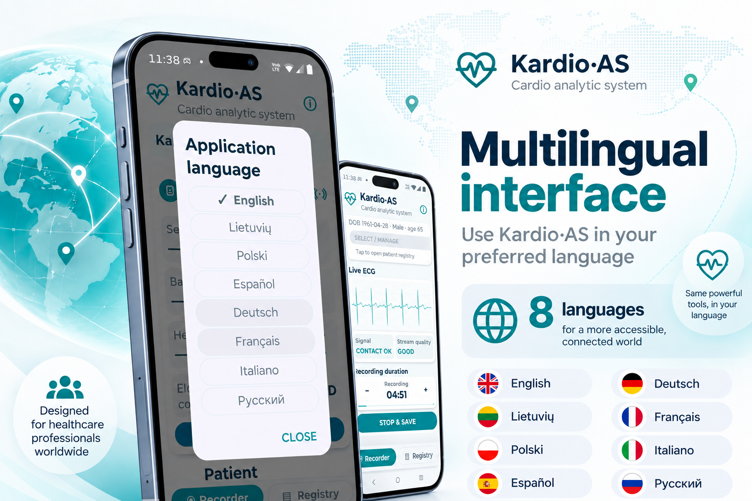 KardioAS multilingual interface with eight supported languages