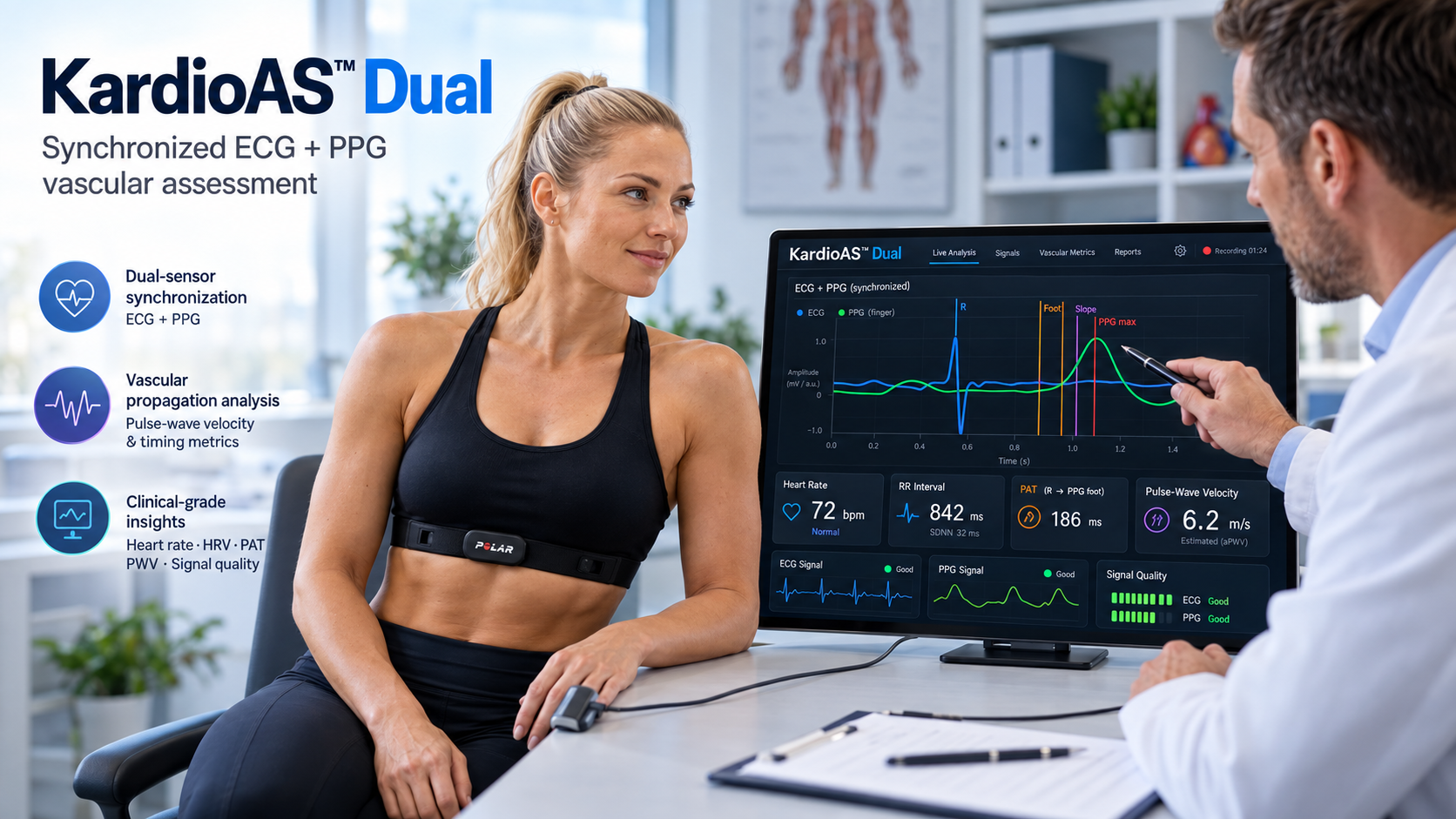 KardioAS Dual overview with ECG chest strap, finger PPG sensor and synchronized timing analysis on the screen.
