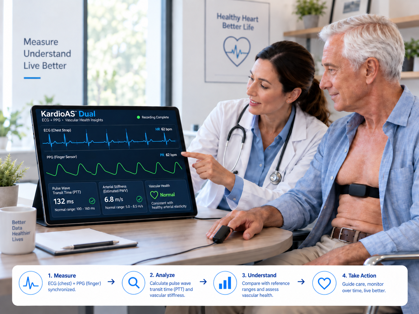 Doctor explaining KardioAS Dual results to an older patient while synchronized ECG and PPG signals are shown on a tablet.