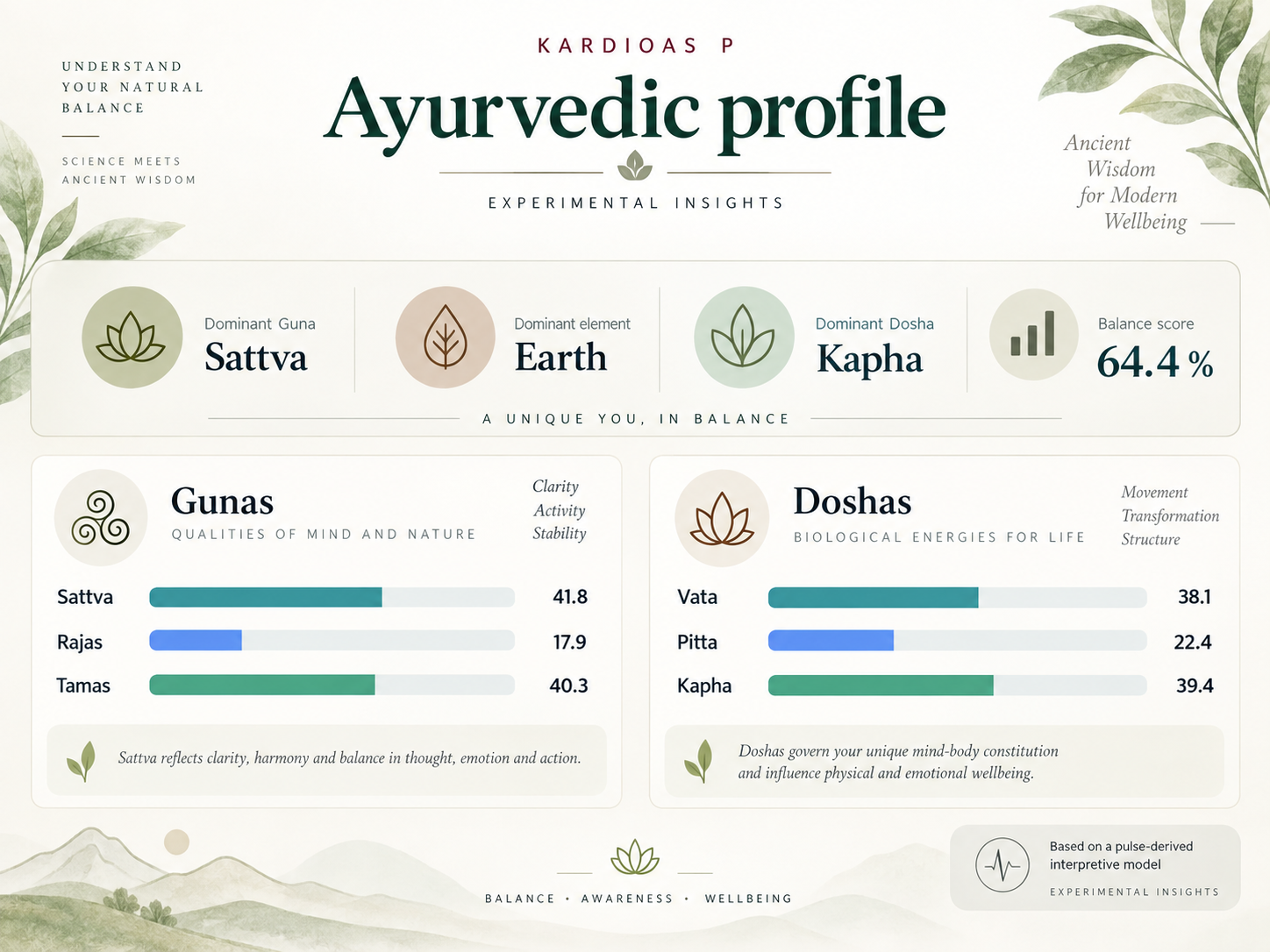KardioAS P Ayurvedic profile with Guna, element, Dosha and balance values.