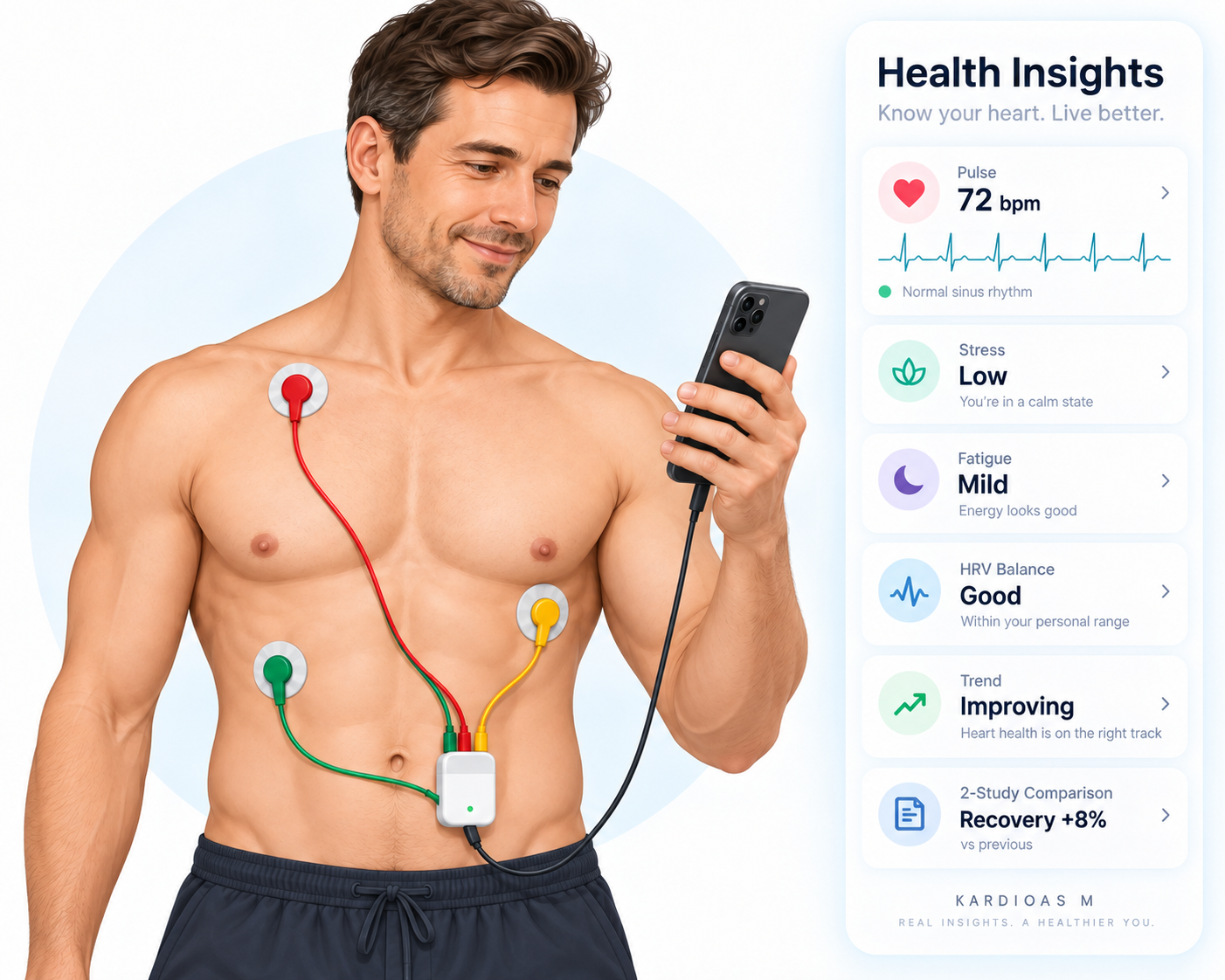 KardioAS M user with three ECG electrodes connected through a small USB adapter to a smartphone, with example health insights shown beside him.