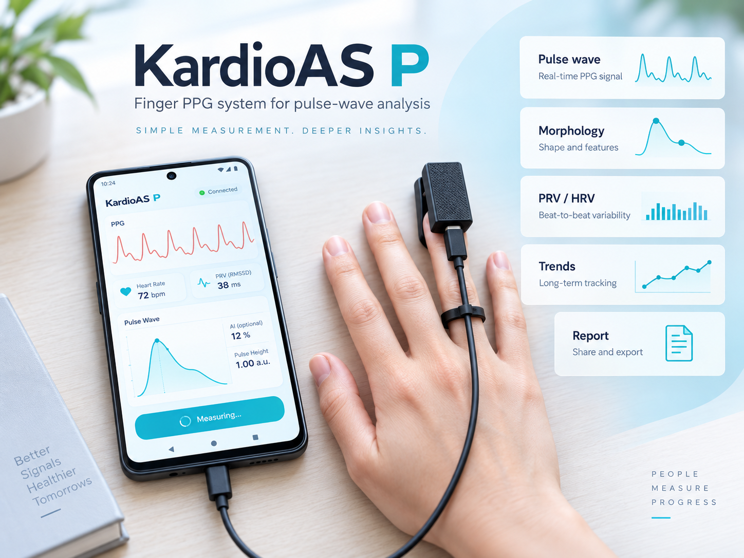 KardioAS P in real use with a finger PPG sensor connected to an Android smartphone.